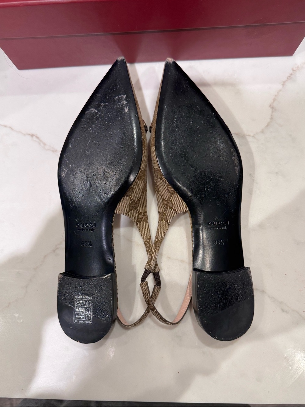 Gucci Beige GG Canvas Pointed-Toe Slingback Flats with Horsebit - Picture 8 of 10